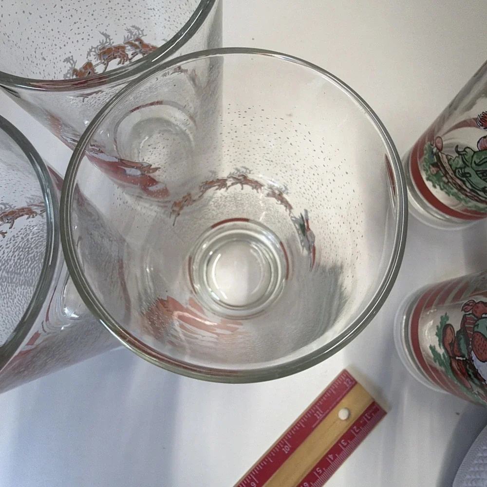 Vintage Firna Drinking Christmas Glass Tumbler Santa Sleigh Reindeers-Set Of 3